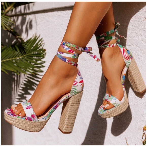 Slay Season Wrap Tie Espadrille Platform Heels (White) main image 0